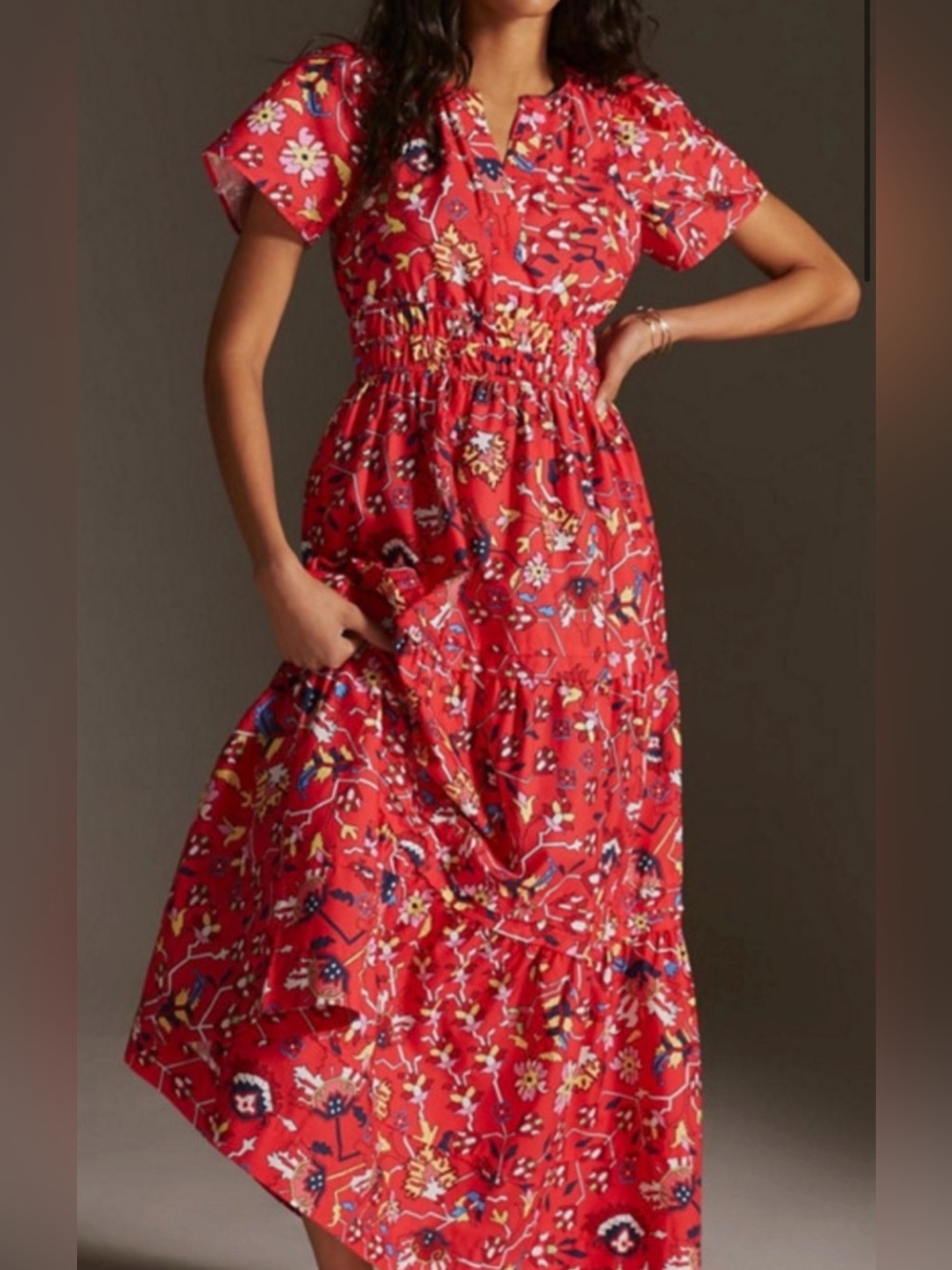 Anthropologie Somerset Maxi Dress Red Geo Floral Print Size M